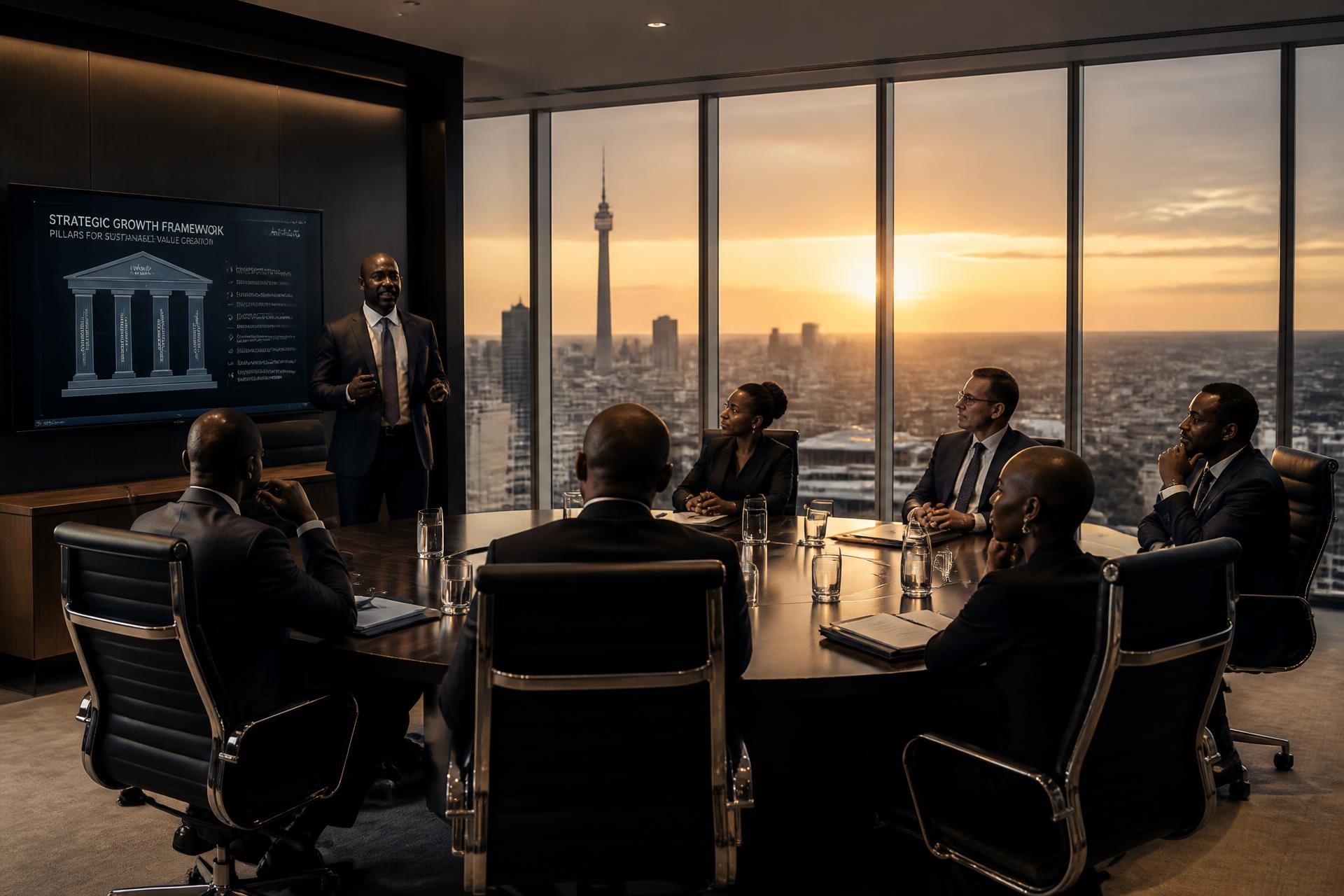 Executives engaged in a corporate strategy session overlooking a South African skyline